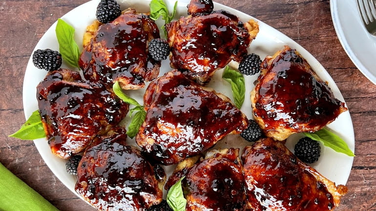 Four-ingredient baked chicken made with blackberry preserves and hoisin.