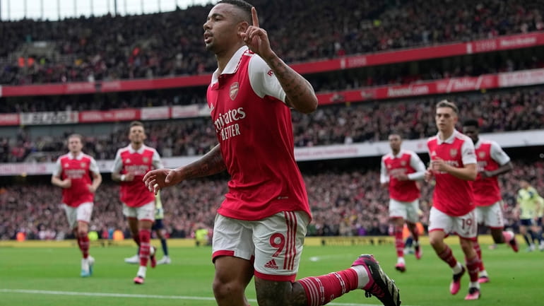 Arsenal's Gabriel Jesus celebrates scoring his side's first goal during...