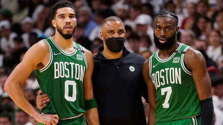 Boston Celtics head coach Ime Udoka speaks to Boston Celtics...