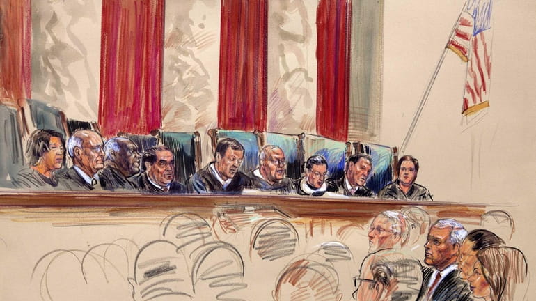 An artist's rendering shows Chief Justice John Roberts, center, speaking...