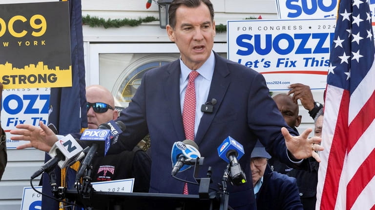 Former congressman Tom Suozzi holds a news conference in Levittown on Dec. 9, 2023,...