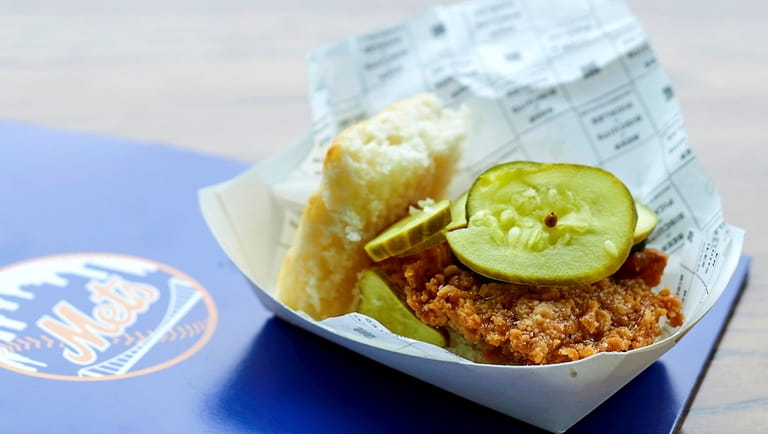 The fried chicken biscuit sandwich from Jacob's Pickles at Citi Field...