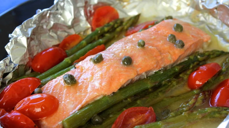 Salmon, asparagus and grape tomatoes en papillote. (January 2014)
