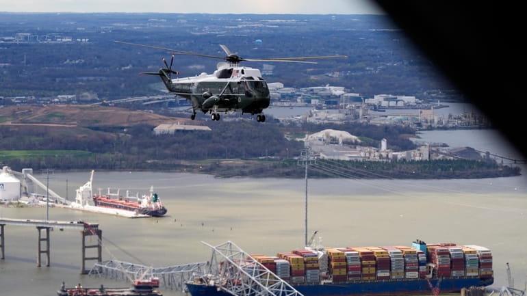 President Joe Biden, aboard Marine One, takes an aerial tour...