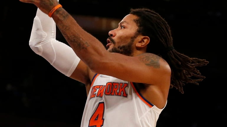 Derrick Rose of the Knicks puts up a shot during...