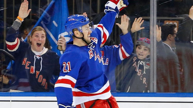 Derek Stepan of the New York Rangers celebrates his third-period...