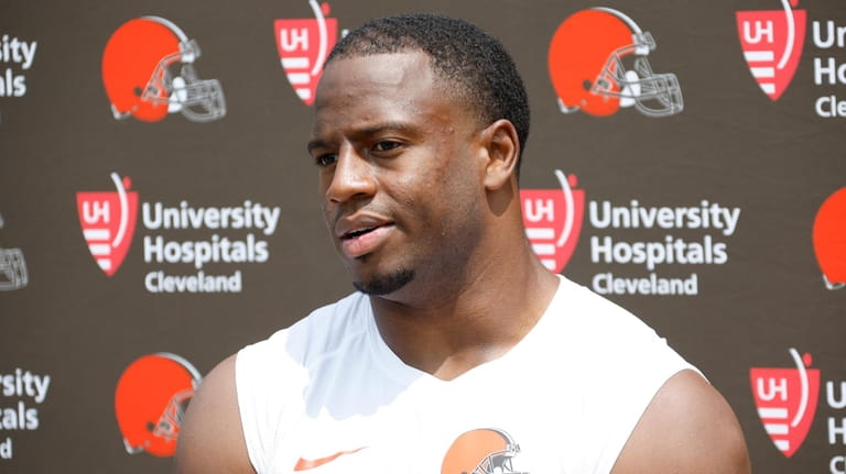 Cleveland Browns running back Nick Chubb answers a question during...