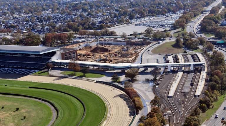 An aerial view of the Belmont Park LIRR train station...