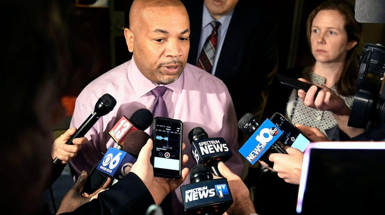 Assembly Speaker Carl Heastie speaks to reporters about the state...