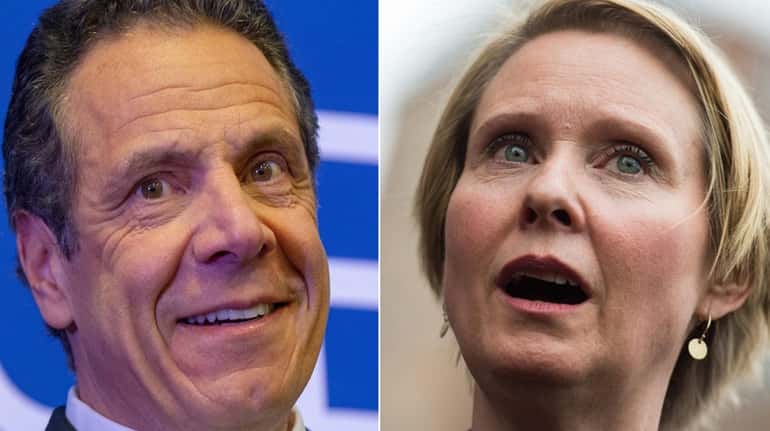 Gov. Andrew M. Cuomo in Westbury on April 27, and Cynthia Nixon in...