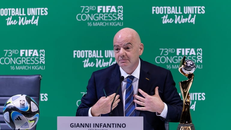 FIFA president Gianni Infantino speaks during a press conference at...