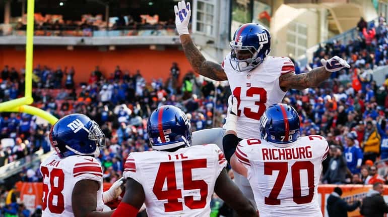 New York Giants wide receiver Odell Beckham celebrates with offensive...