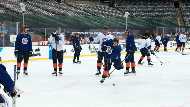 Islanders players practice at MetLife Stadium on Thursday ahead of Sunday's...