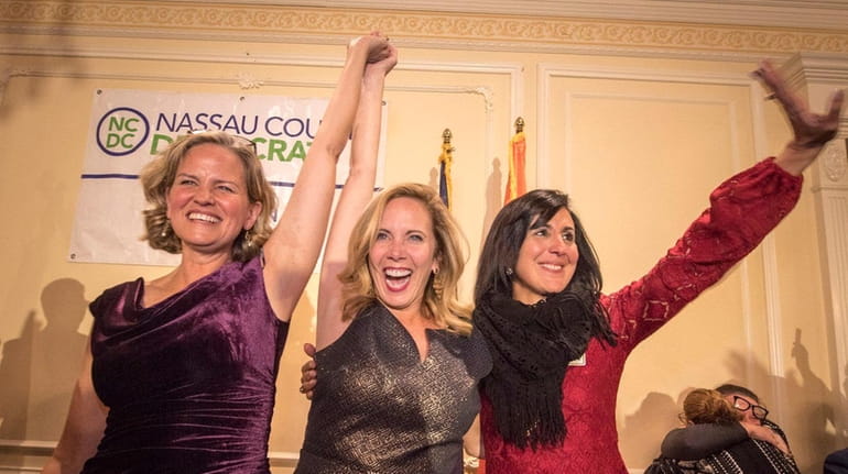 Democratic candidate for Nassau County county executive, Laura Curran, left,...