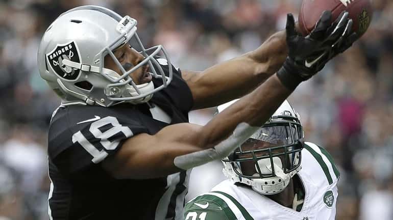 Oakland Raiders wide receiver Andre Holmes (18) catches a touchdown...