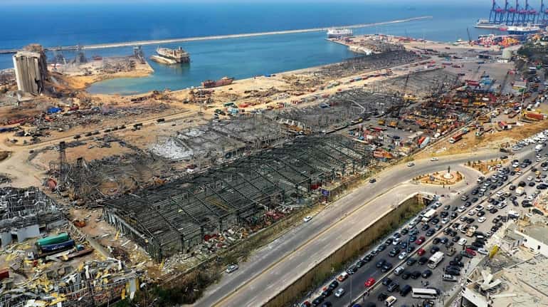 An aerial view of the port of Beirut on Friday...