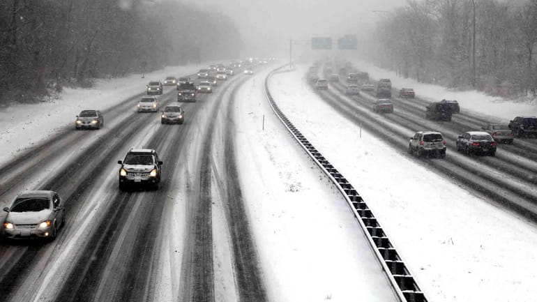 A file photo of snow covering the Northern State Parkway...