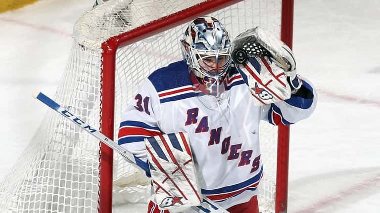 Igor Shesterkin #31 of the Rangers makes the third period save...
