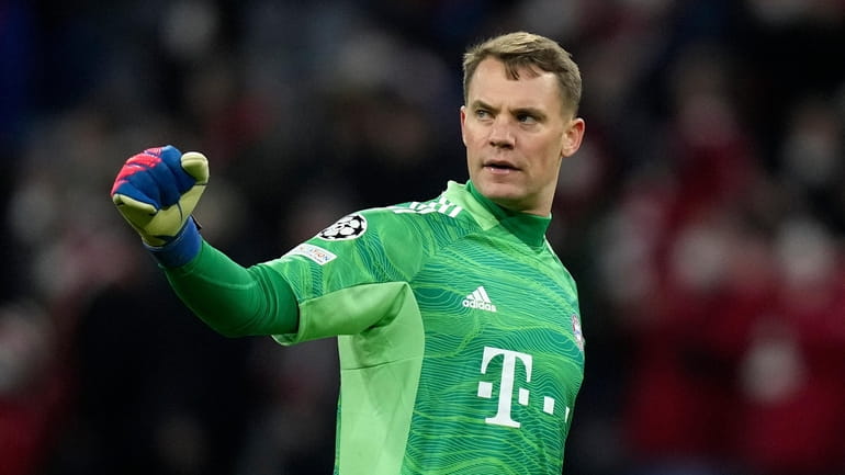 Bayern goalkeeper Manuel Neuer reacts during the Champions League, round...