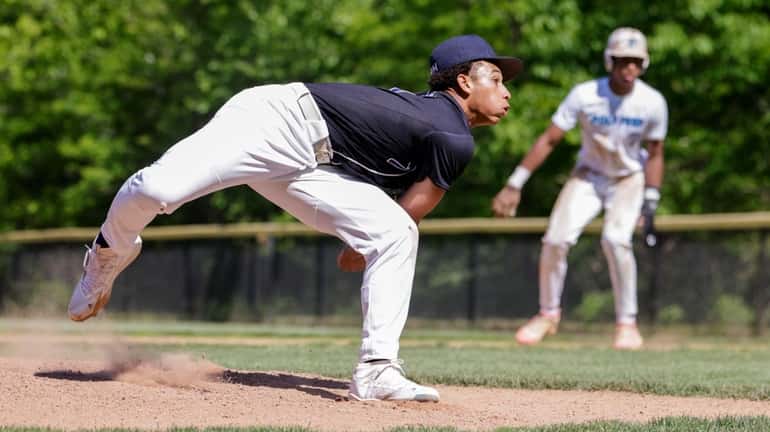 Stony Brook School pitcher Johan Franco throws during the NYSAIS...