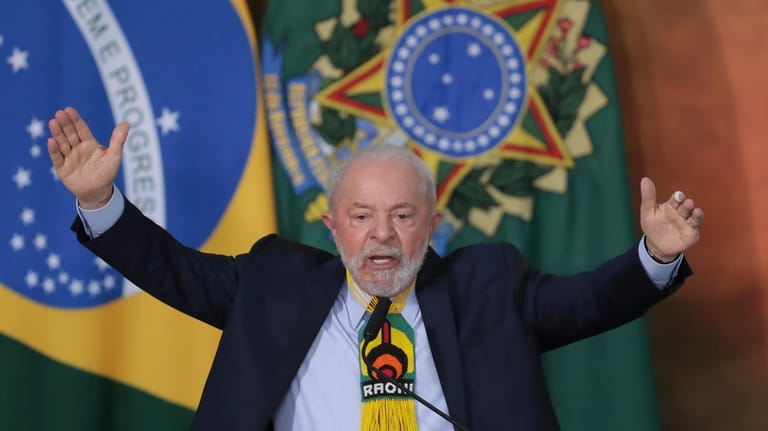 Brazilian President Luiz Inacio Lula da Silva speaks during an...