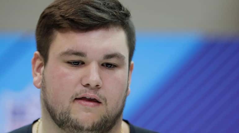 Notre Dame offensive lineman Quenton Nelson speaks during a press...