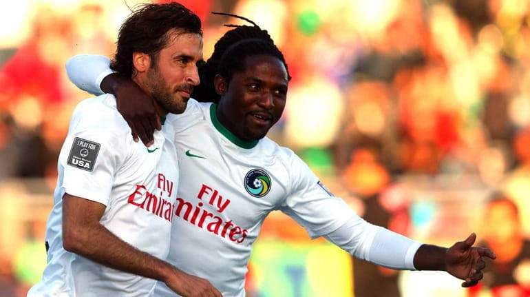 New York Cosmos forward Raul #7 reacts with New York...