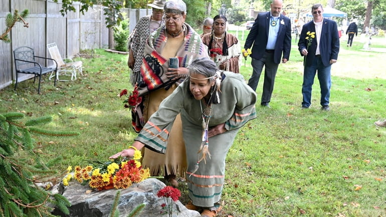Members of the Montaukett Tribe during Dedication of a stone...