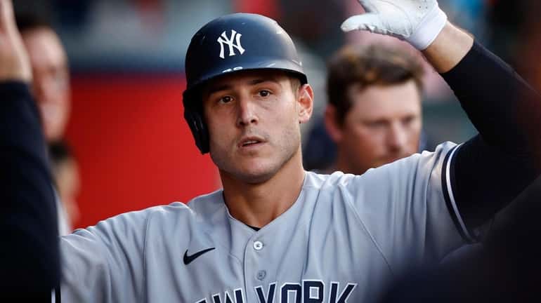 Anthony Rizzo of the Yankees celebrates a home run against the...