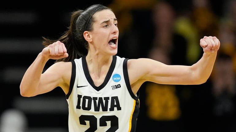Iowa guard Caitlin Clark reacts during a second-round college basketball...