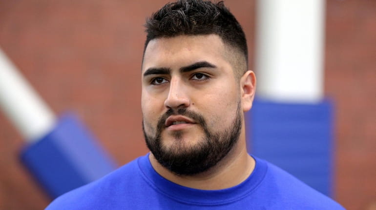 Giants guard Will Hernandez speaks to the media during minicamp at...