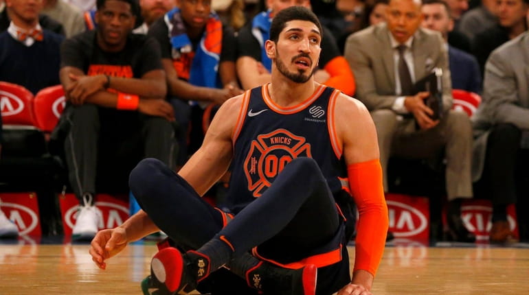 Enes Kanter of the Knicks looks on after missing a...