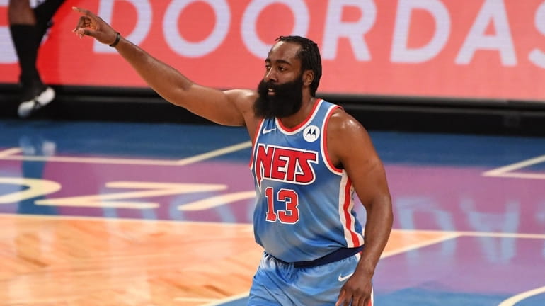 Brooklyn Nets guard James Harden gestures against the San Antonio...