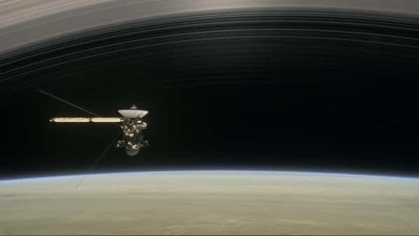 A still from the short film "Cassini's Grand Finale," with...