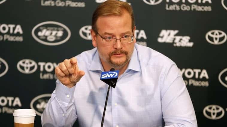 Jets general manager Mike Maccagnan speaks to reporters during a...