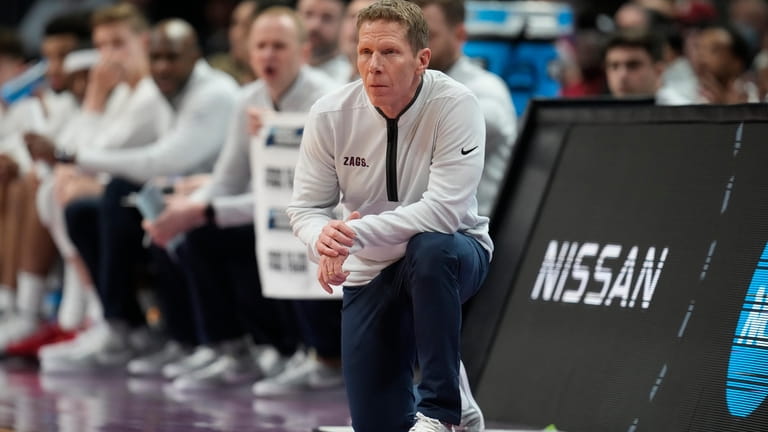 Gonzaga coach Mark Few watches during the first half of...