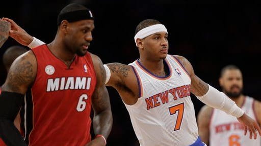 LeBron James and Carmelo Anthony are shown before a game...