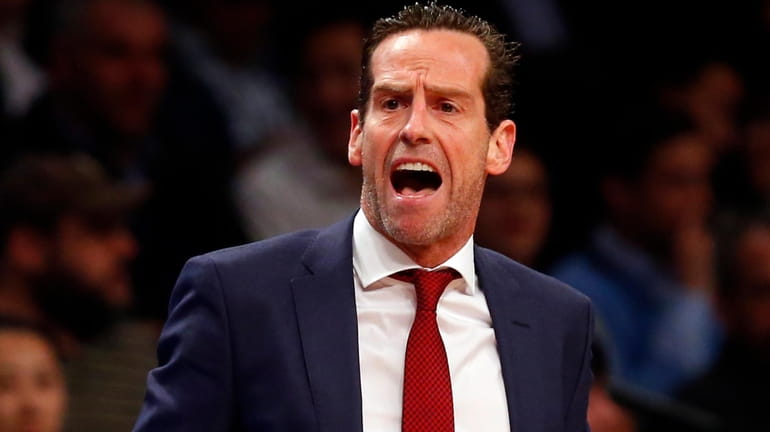 Head coach Kenny Atkinson of the Brooklyn Nets reacts during...