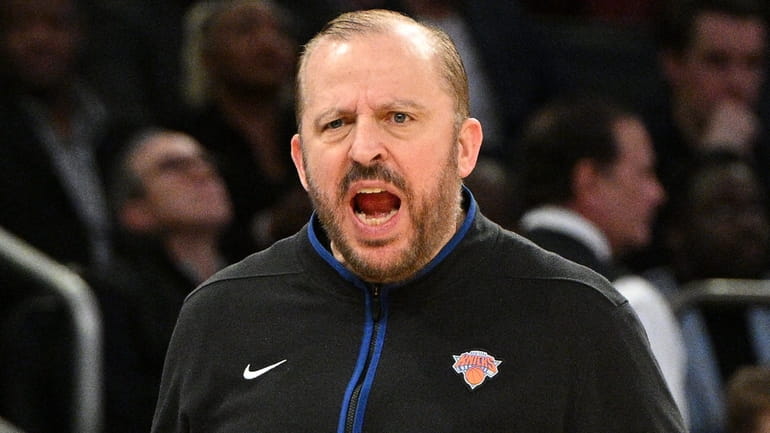 Knicks head coach Tom Thibodeau reacts in the second half...