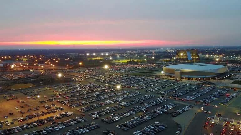 An aerial view of Nassau Coliseum and its parking lot...