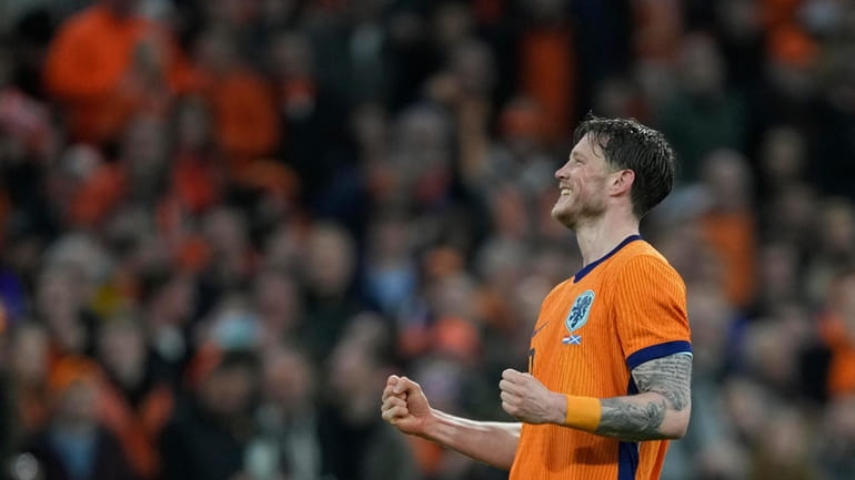 Netherlands' Wout Weghorst celebrates after scoring his side's third goal...