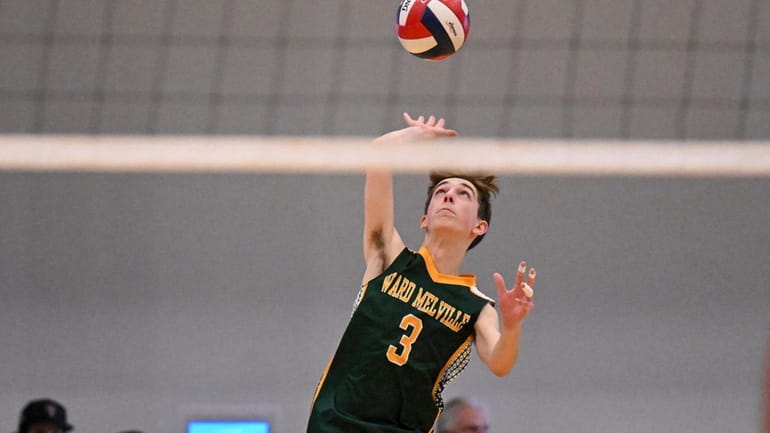 Ward Melville’s Andrew Desimone (3) hits the ball against Fairport...