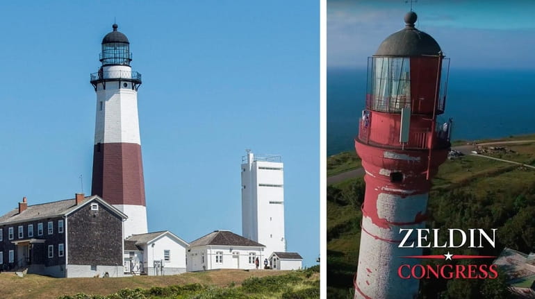 The Montauk Lighthouse as seen in 2015 next to an...