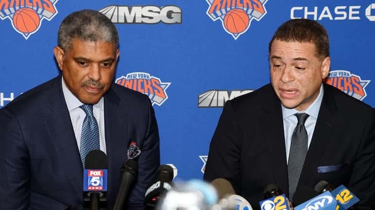 Knicks president Steve Mills and GM Scott Perry answer questions from the media...