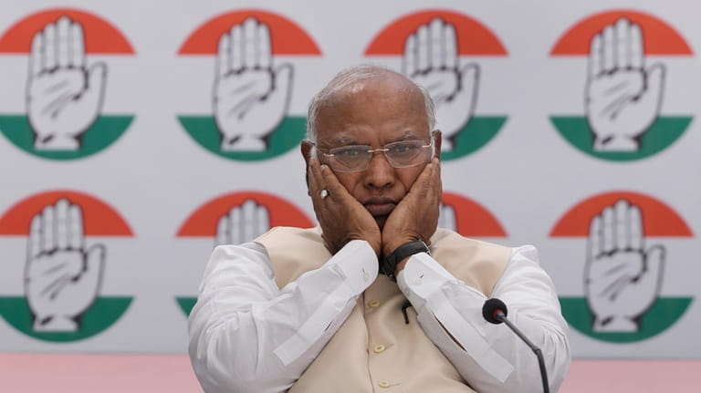India’s opposition Congress party president Mallikarjun Kharge, gestures during a...