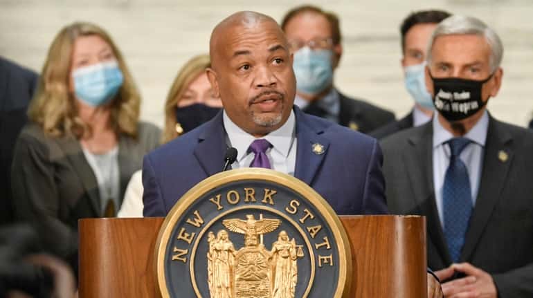 Assembly Speaker Carl Heastie (D-Bronx) speaks to reporters about the impeachment...