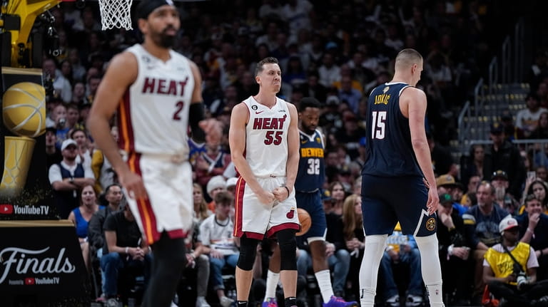 Miami Heat forward Duncan Robinson (55) reacts during the second...