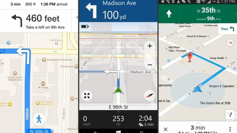 This combination of screen shots shows mapping apps, from left,...