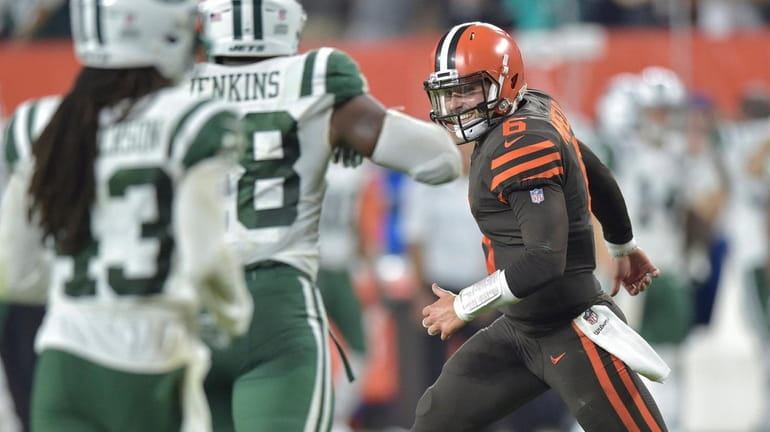 Browns quarterback Baker Mayfield celebrates during a game against the Jets...