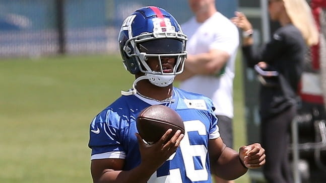 Giants running back Saquon Barkley practices during minicamp at the team's training...